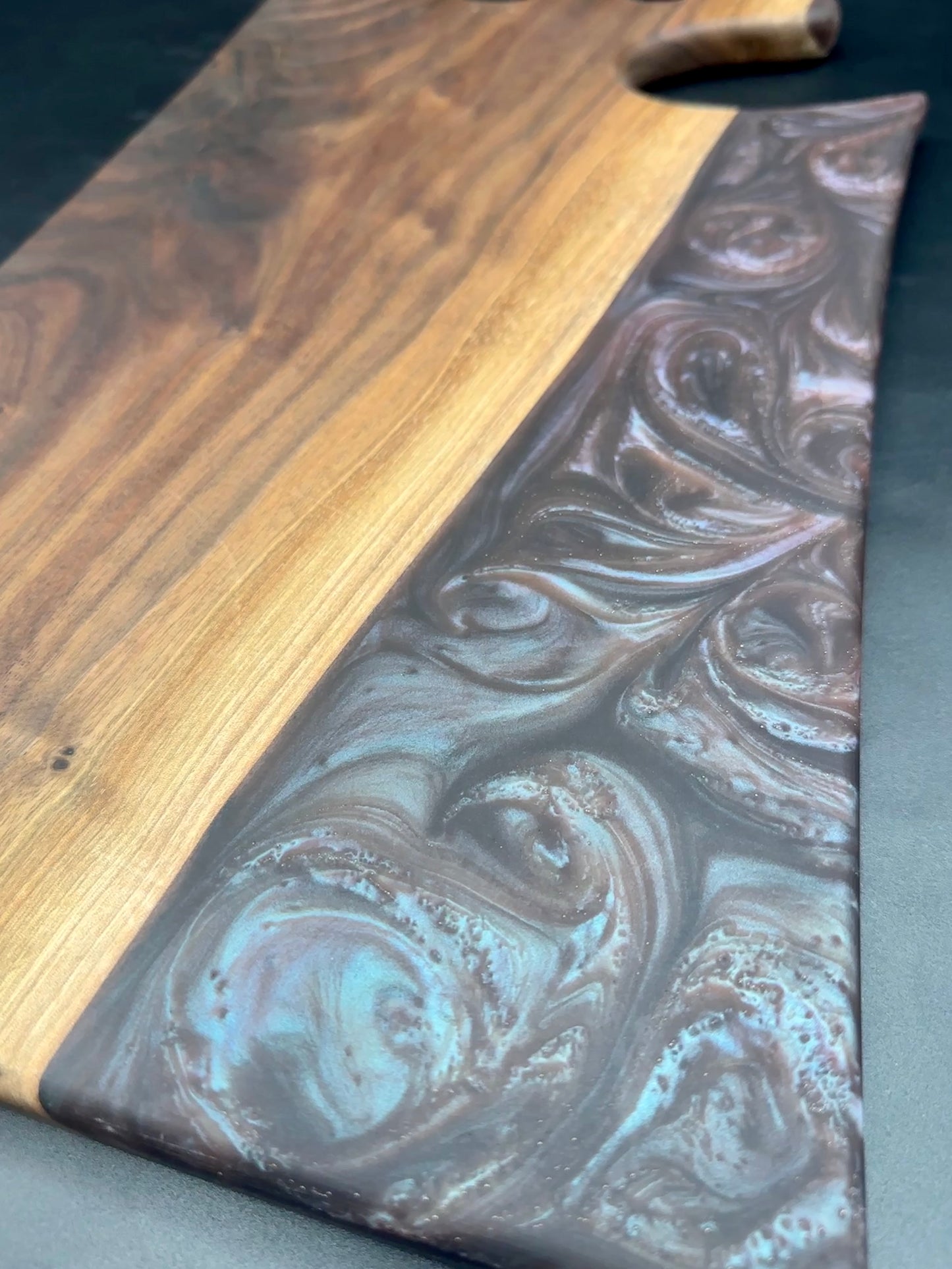 Walnut board with color shifting purple/blue resin
