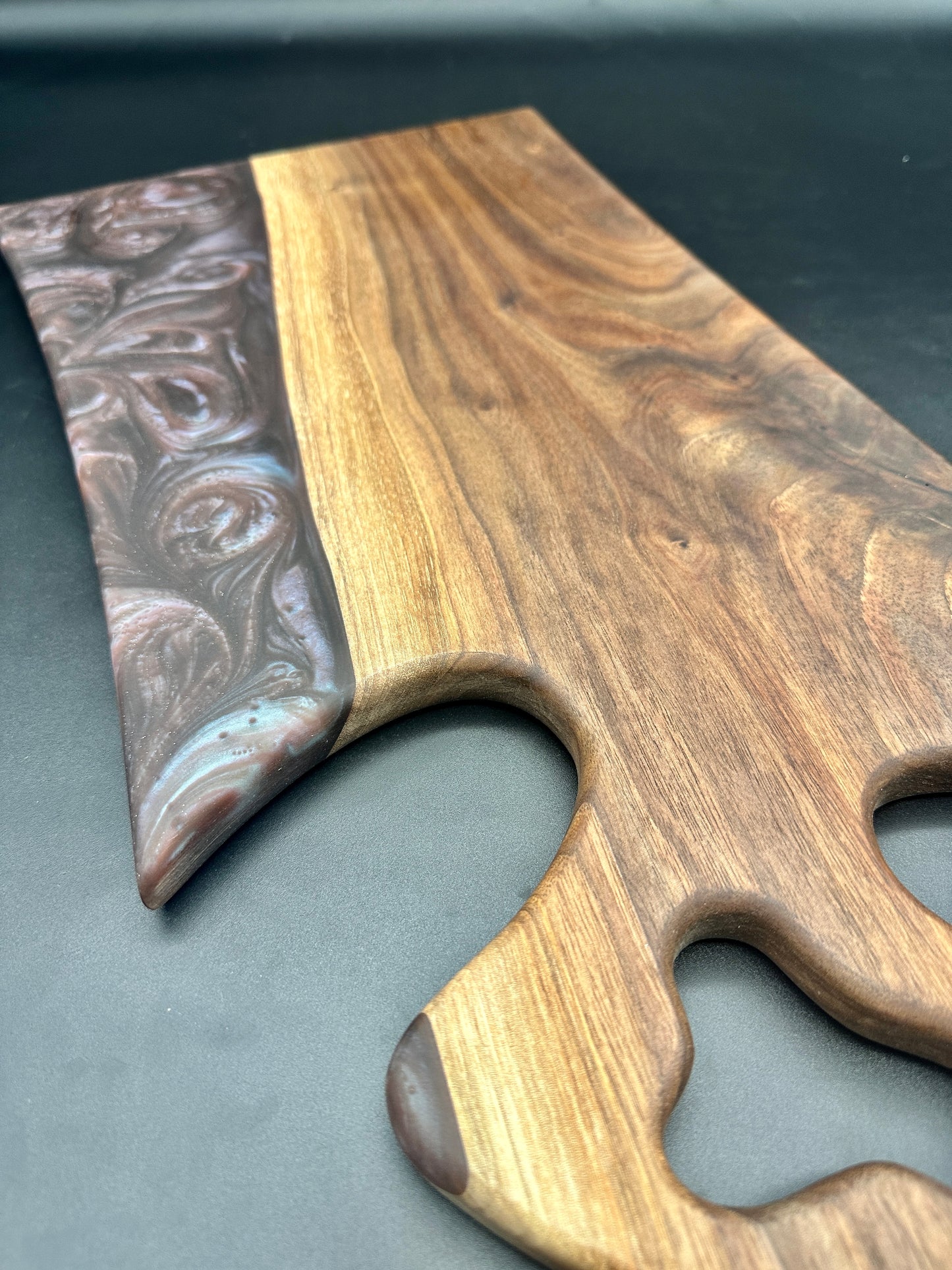 Walnut board with color shifting purple/blue resin