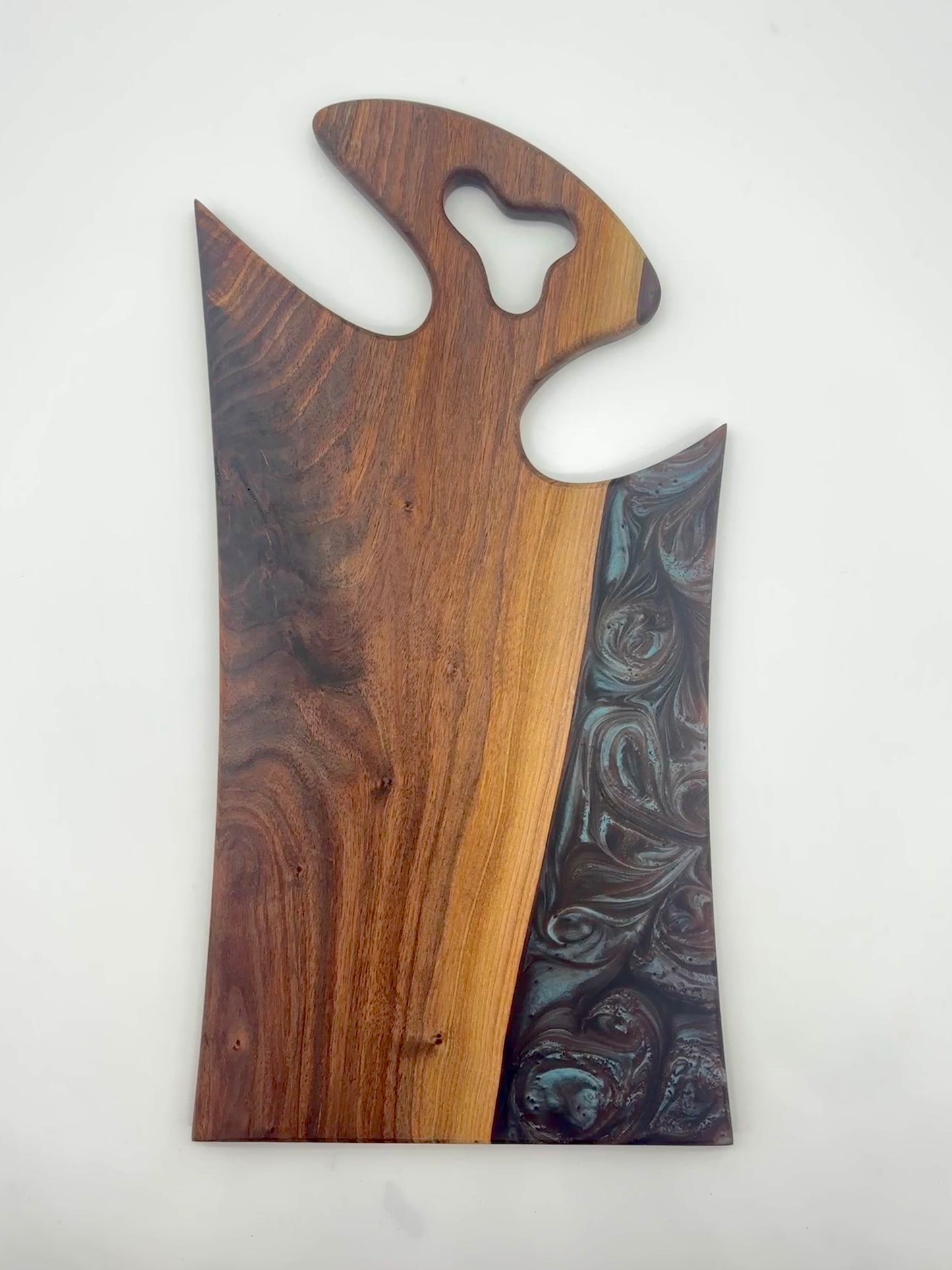 Walnut board with color shifting purple/blue resin