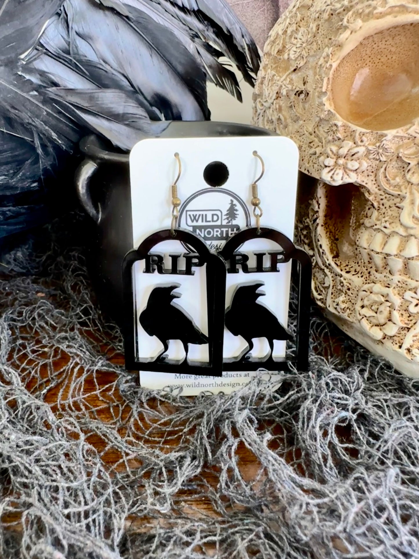 Gravestone and crow Halloween earrings