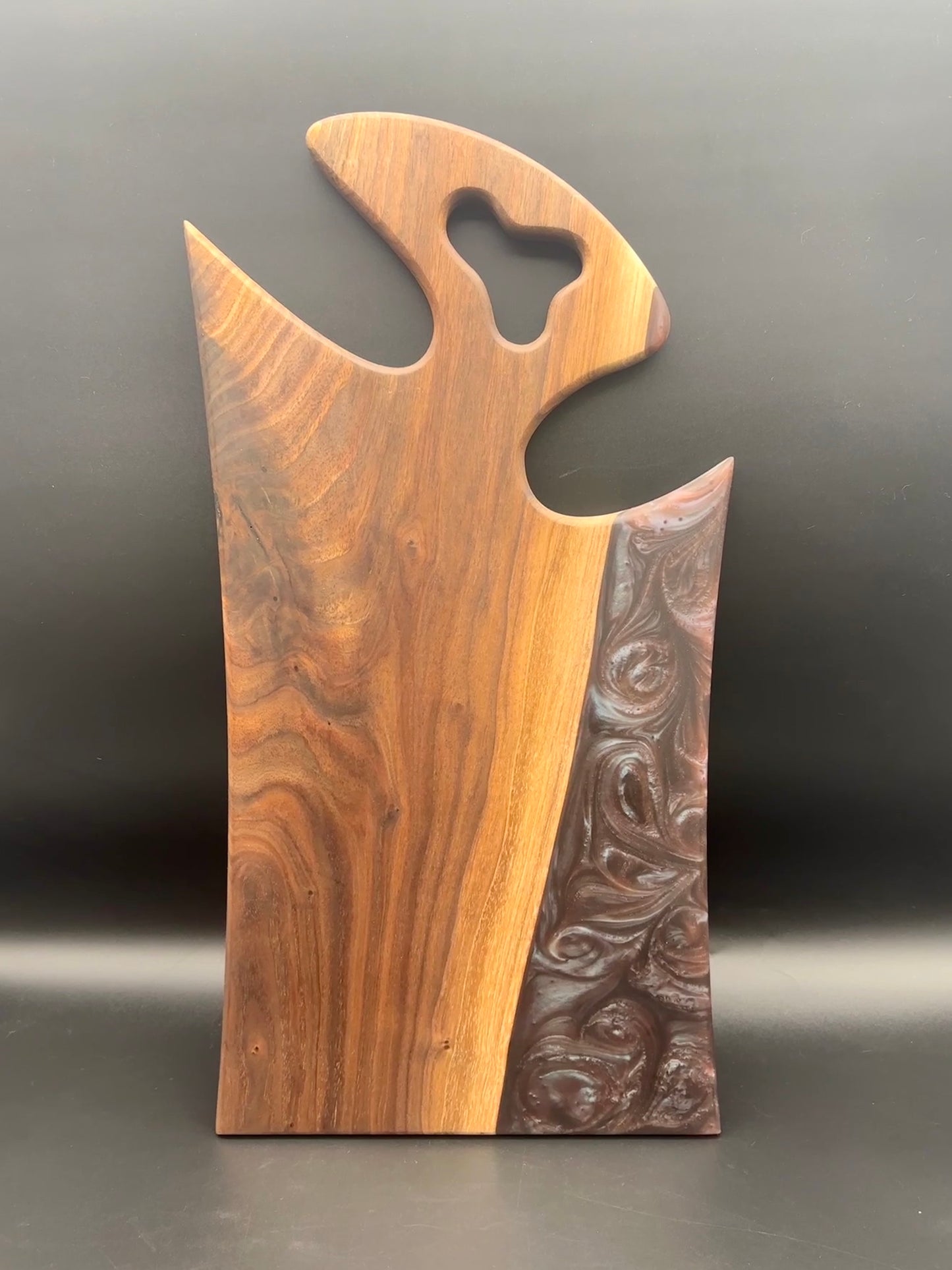 Walnut board with color shifting purple/blue resin
