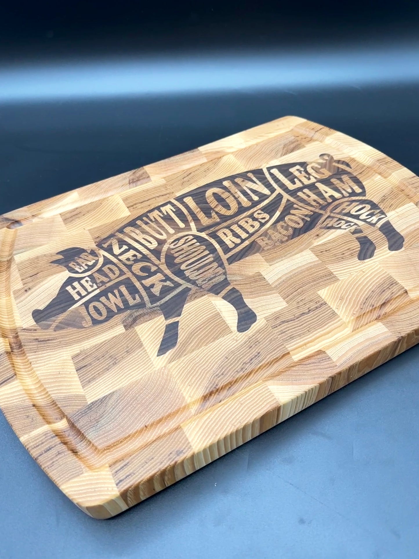 End Grain Hickory Cutting Board with Walnut Pig Inlay