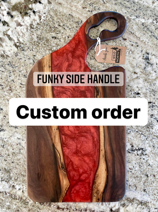 Custom Walnut board (funky side handle) with your choice of colored resin