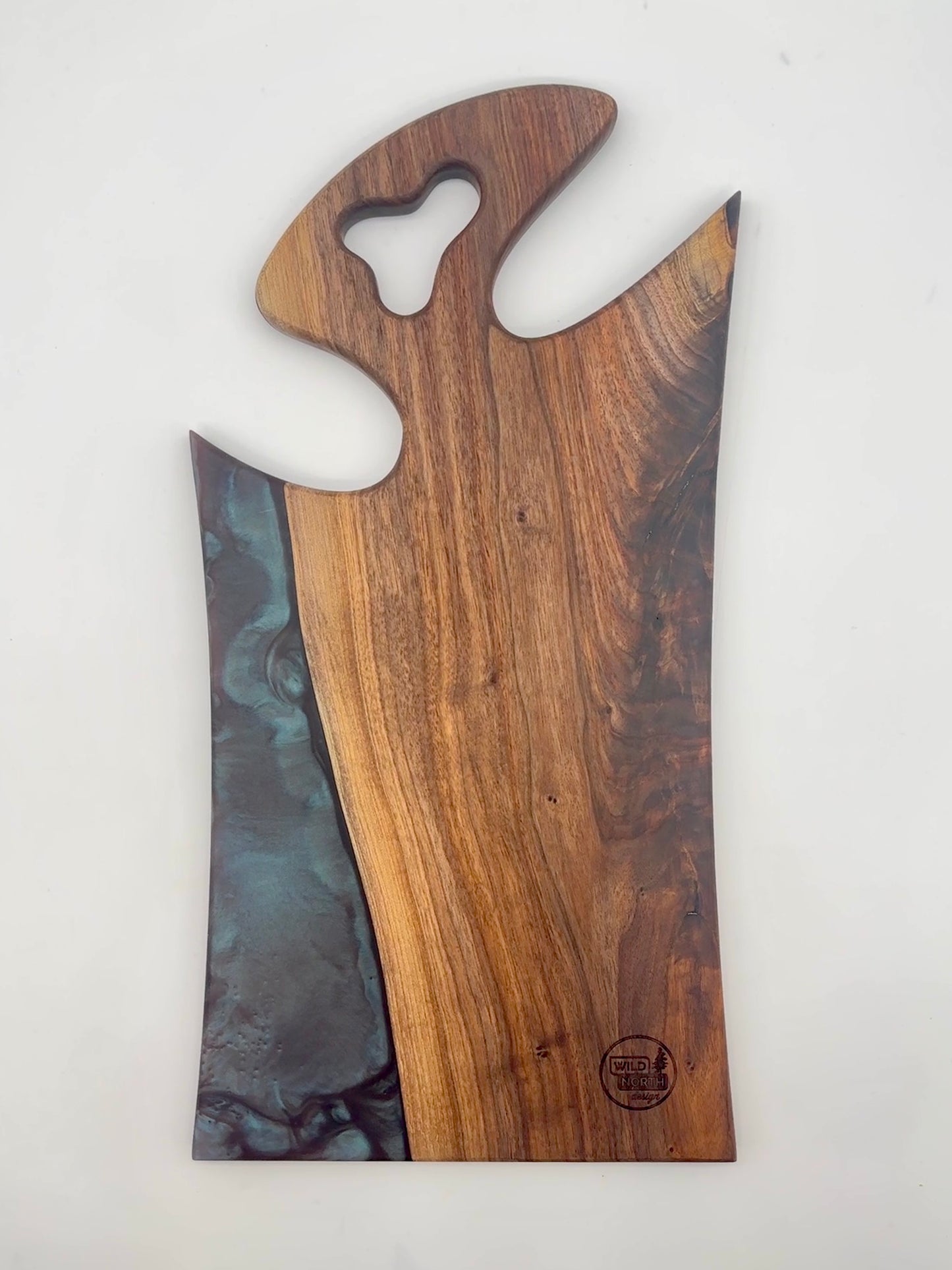 Walnut board with color shifting purple/blue resin