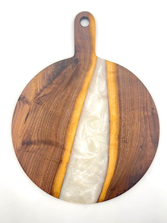 Large round walnut board with pearl white resin