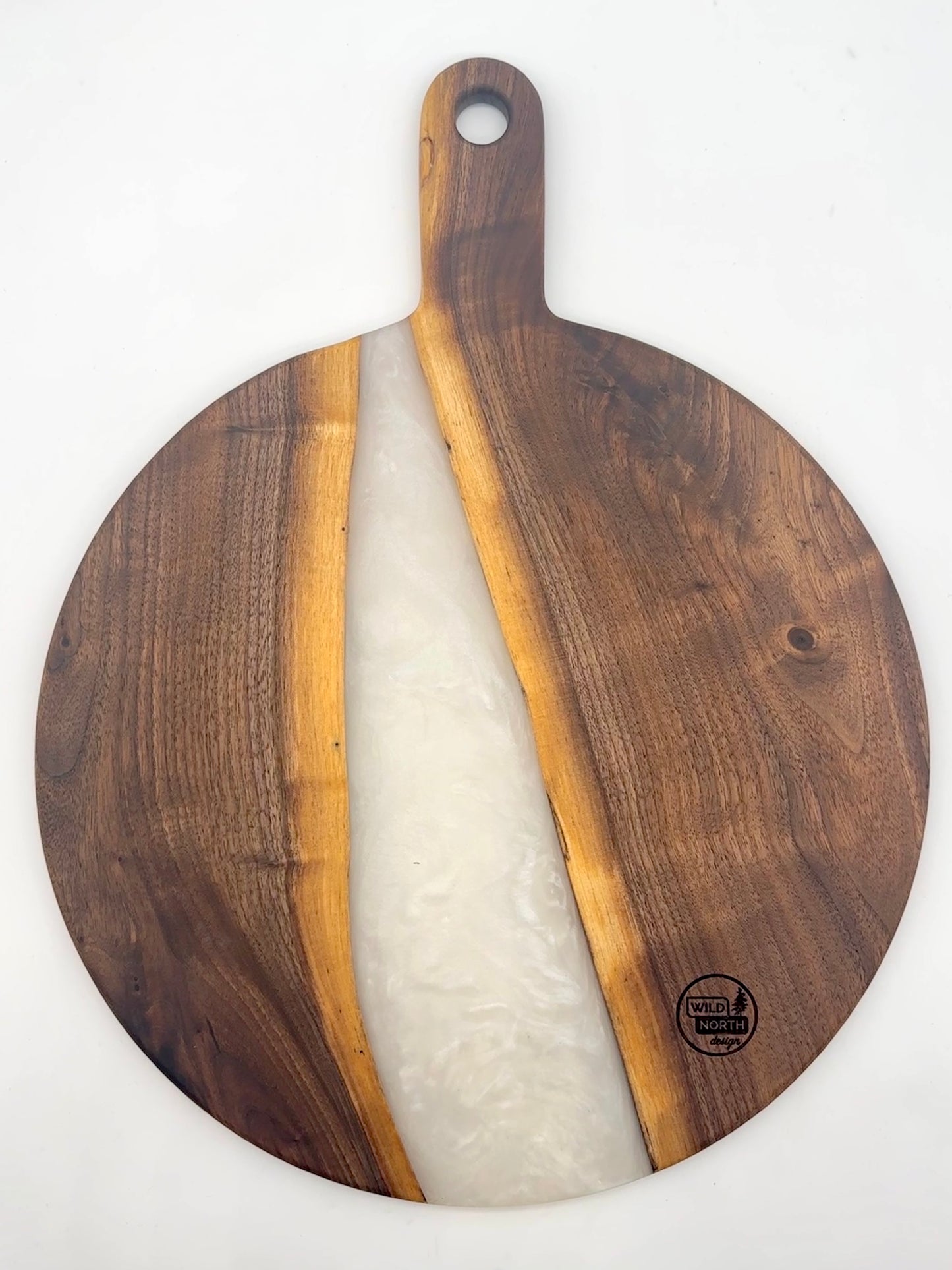 Large round walnut board with pearl white resin