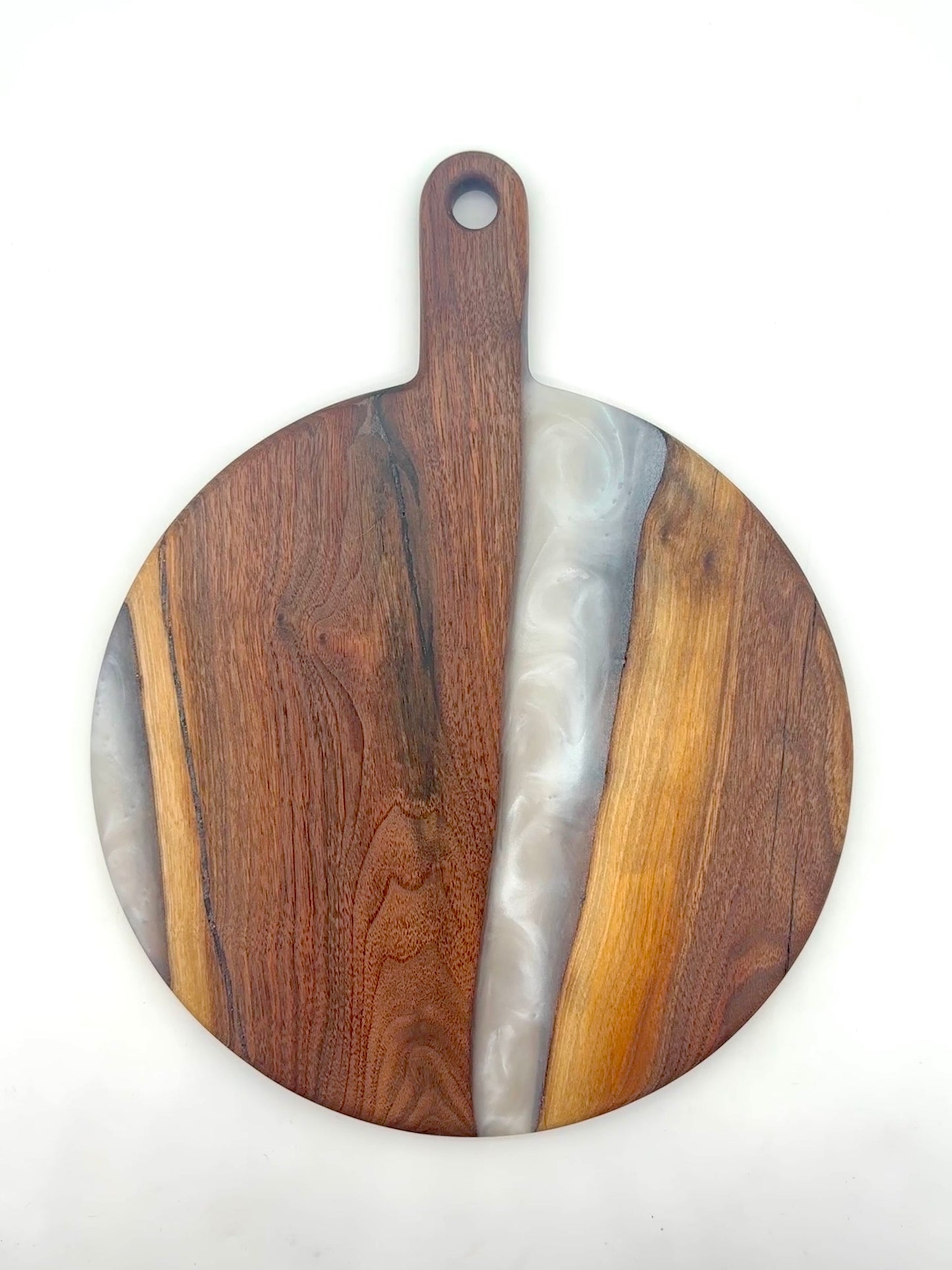 Small round walnut board with pearl white resin