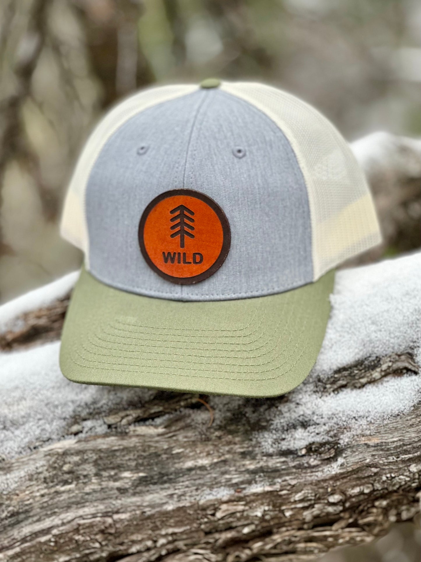 Richardson™ 115 Low Pro - Heather Gray/Birch/Army Olive Snapback Hat With Premium Leather Patches