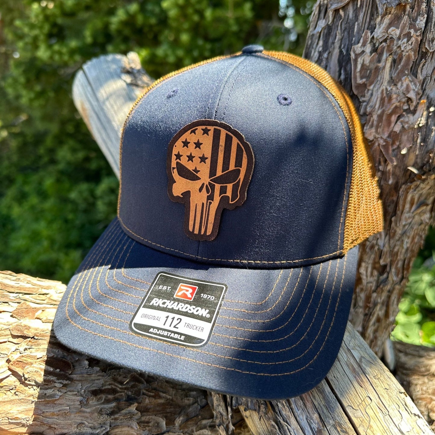 Richardson™ 112 - Navy/Caramel Snapback Hat With Premium Leather Patches