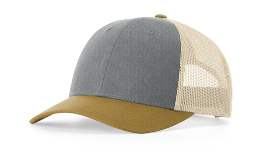 Richardson™ 115 Low Pro - Heather Grey/Birch/Amber Gold Snapback Hat With Premium Leather Patches
