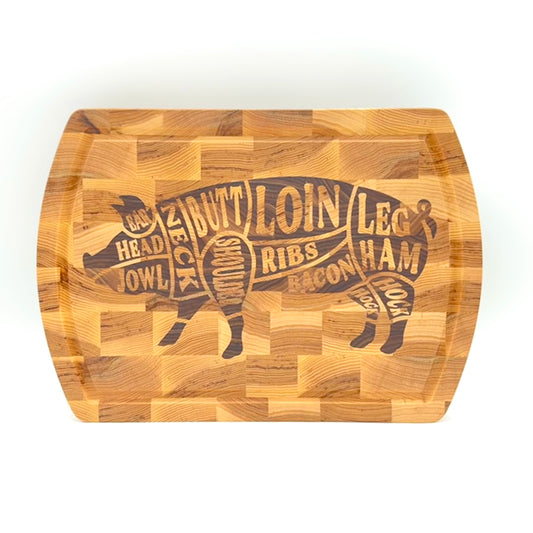 End Grain Hickory Cutting Board with Walnut Pig Inlay