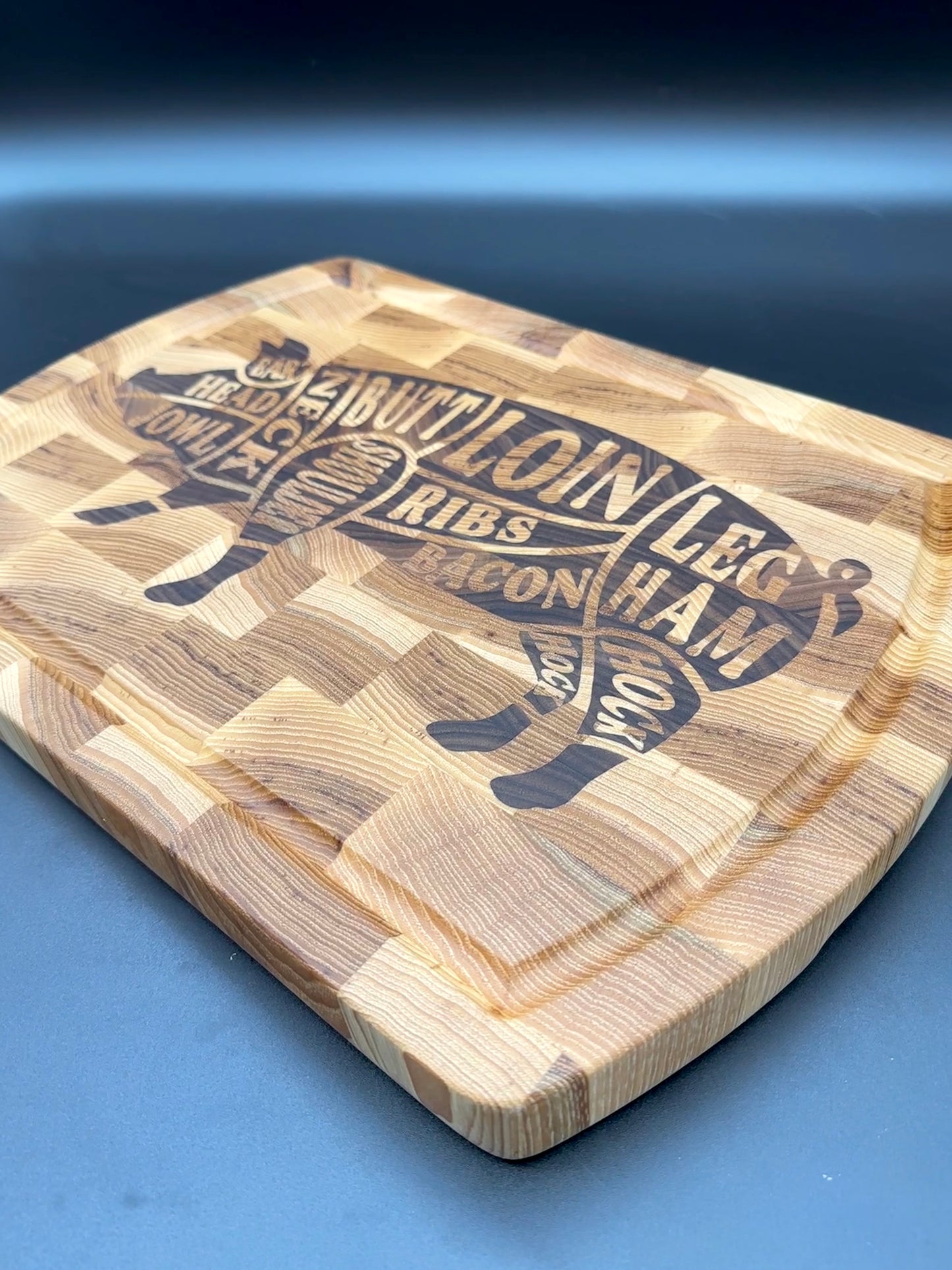 End Grain Hickory Cutting Board with Walnut Pig Inlay