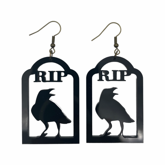 Gravestone and crow Halloween earrings